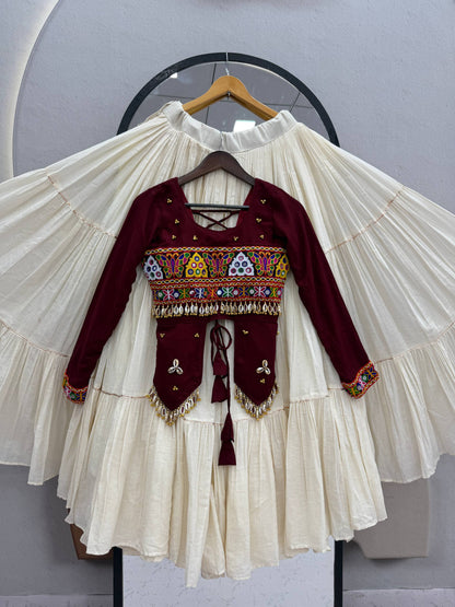 RangBhoomi Navratri Hand-Work 9m Flair Lehenga Choli - Pure Cotton Top & Kora Cotton Skirt