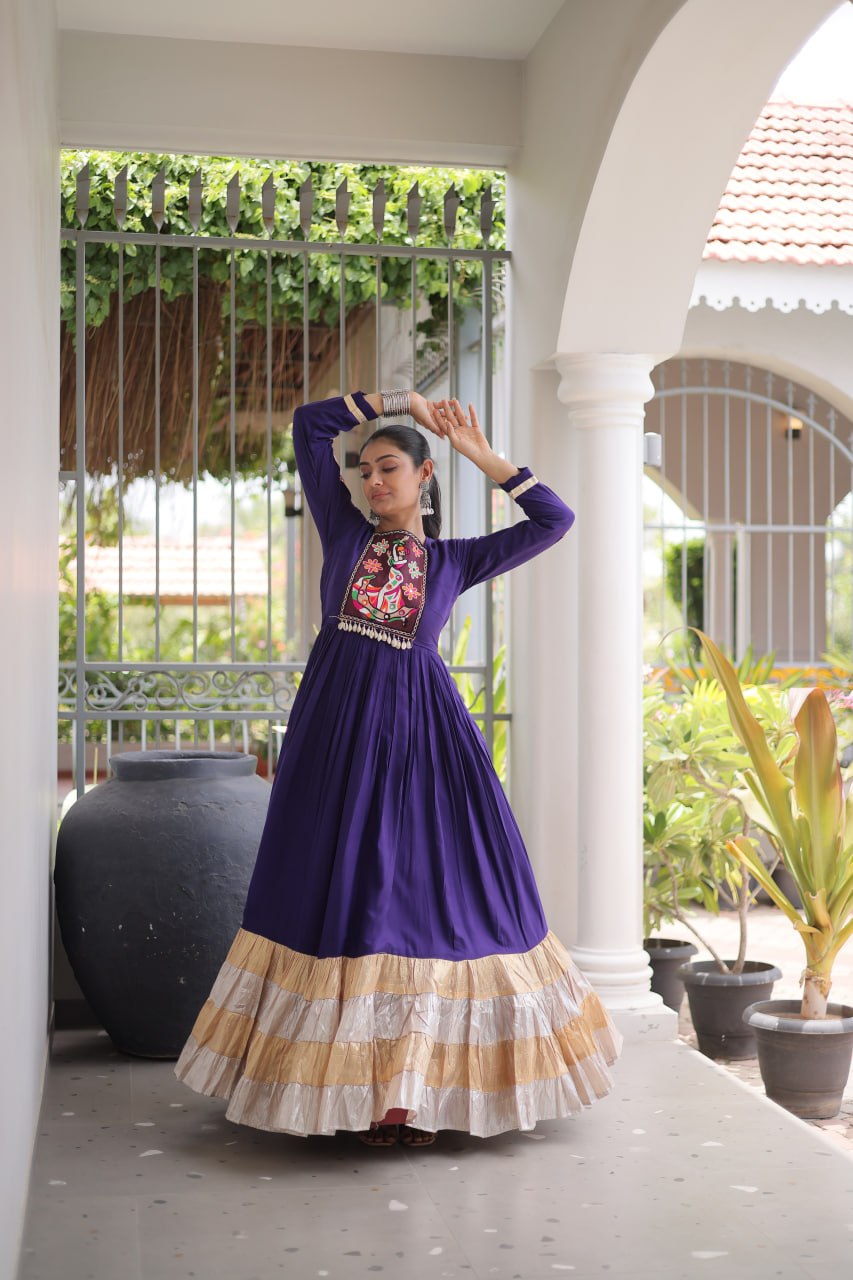 RangBhoomi Navratri Gown Collection 2026 — 14KG Rayon Kutchi Gamthi Thread Work, 12m Flair