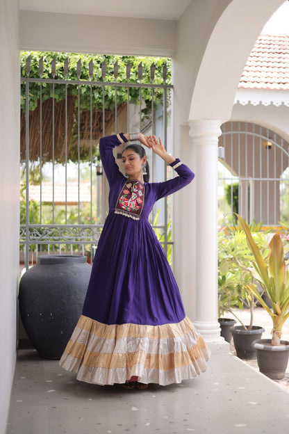 RangBhoomi Navratri Gown Collection 2026 — 14KG Rayon Kutchi Gamthi Thread Work, 12m Flair