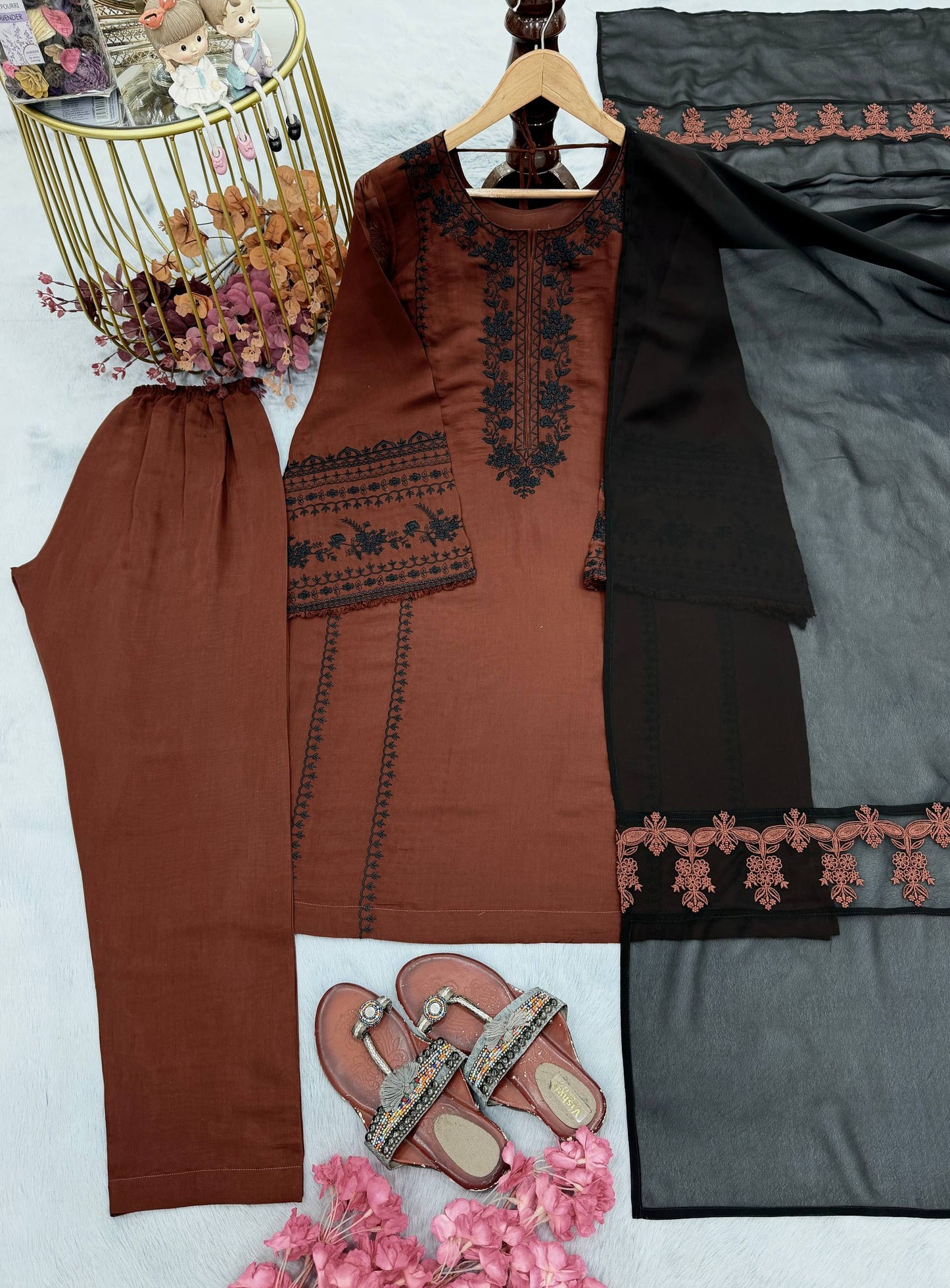 RangBhoomi Designer Party Wear Pur Roman Silk Top & Bottom Set with Heavy Georgette Dupatta
