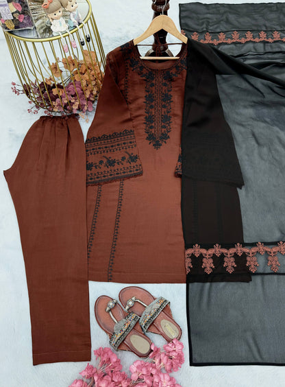 RangBhoomi Designer Party Wear Pur Roman Silk Top & Bottom Set with Heavy Georgette Dupatta