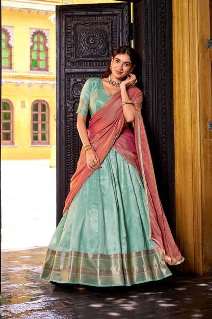 RangBhoomi Luxury Dupion Silk Lehenga Set with Zari Weaving and Shimmering Lace Dupatta