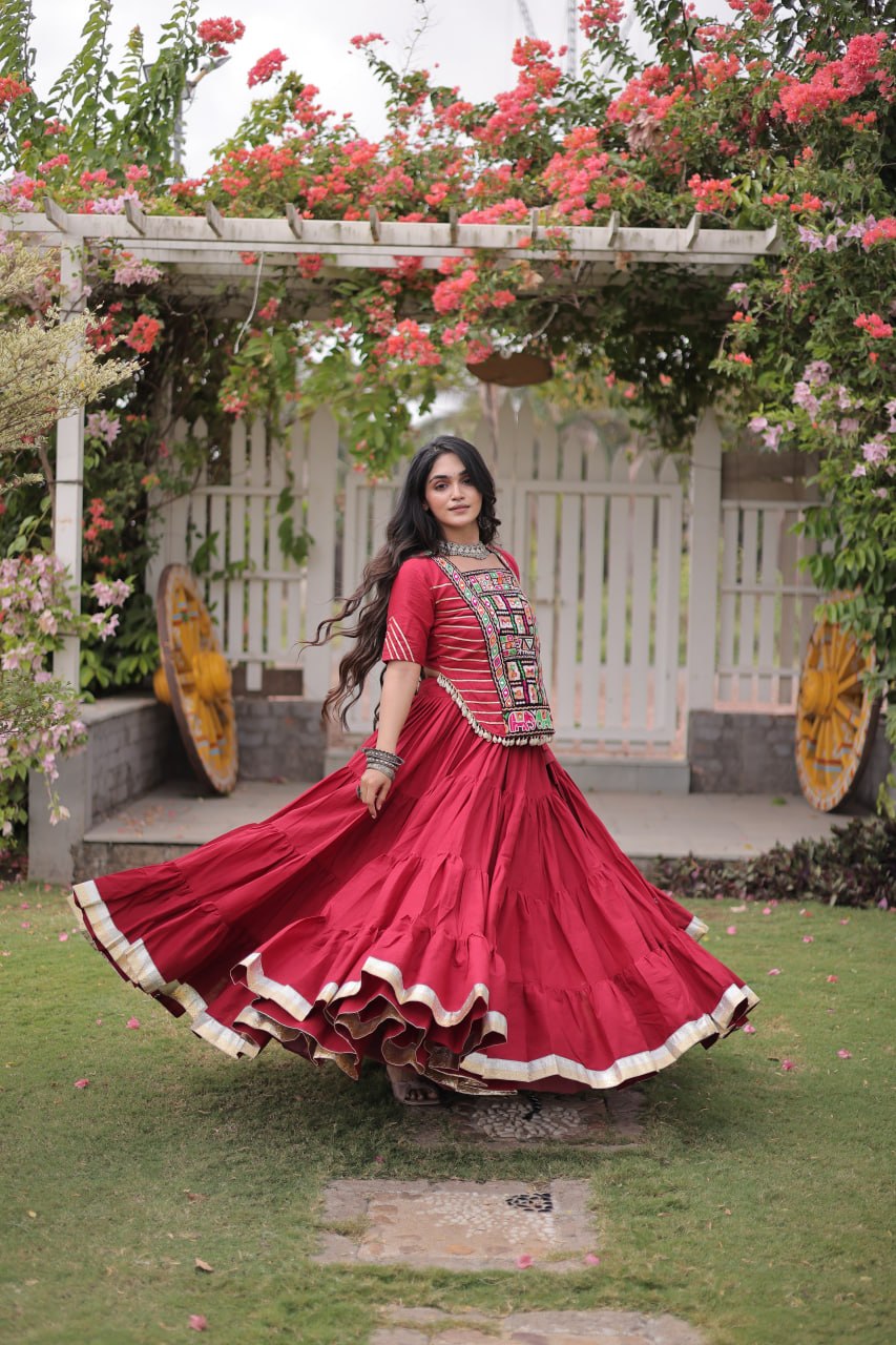 RangBhoomi Navratri 2026 Kora Cotton Full-Stitched Lehenga & Blouse Set — L (40", Adjustable 38–44)