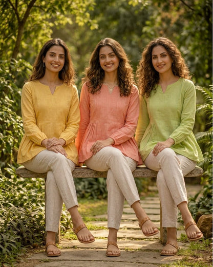 RangBhoomi Elegant Linen Cotton Top and Pant Set – Full-Sleeve Frill Stitch Top with Elastic Waist Pants in Parrot, Peach, and Yellow