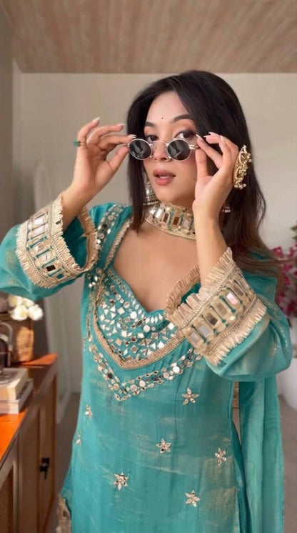 RangBhoomi Women's Fully Stitched Ethnic Wear Set with Fendy Silk and Real Mirror Work
