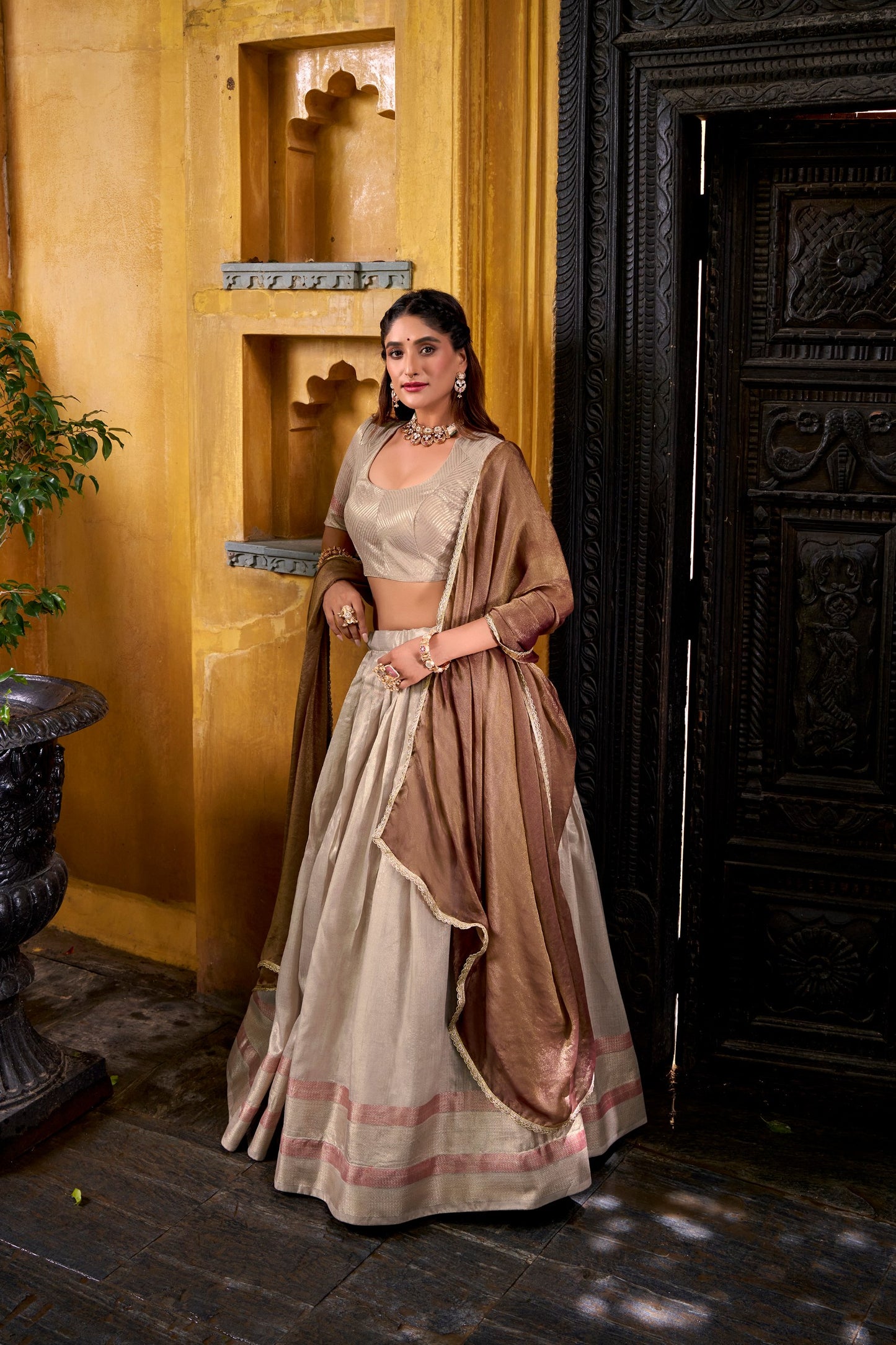 RangBhoomi Luxury Dupion Silk Lehenga Set with Zari Weaving and Shimmering Lace Dupatta