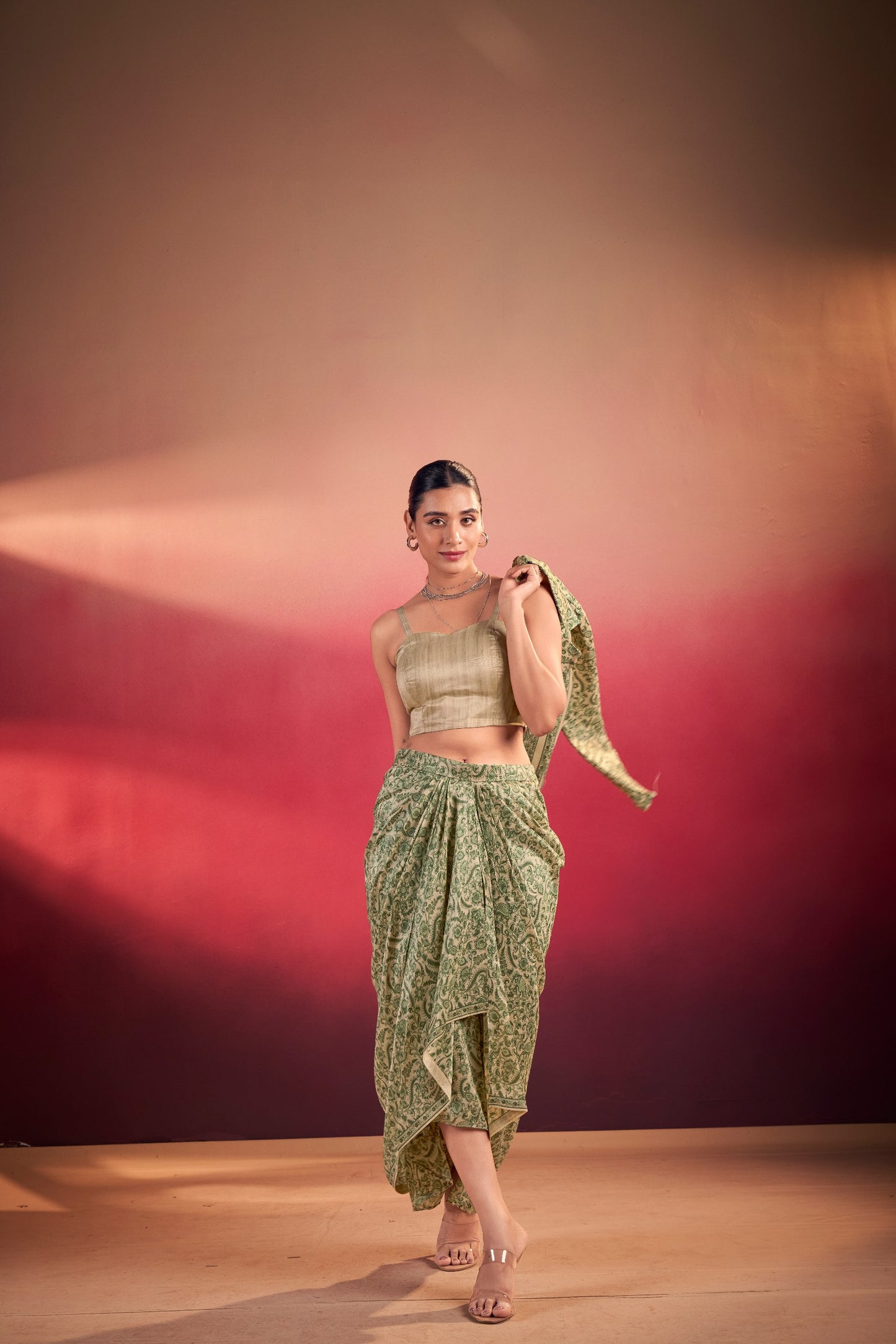 Elegant Tasar Silk Ensemble with Flowing Silhouettes and Artistic Prints for Festive Charm and Modern Style