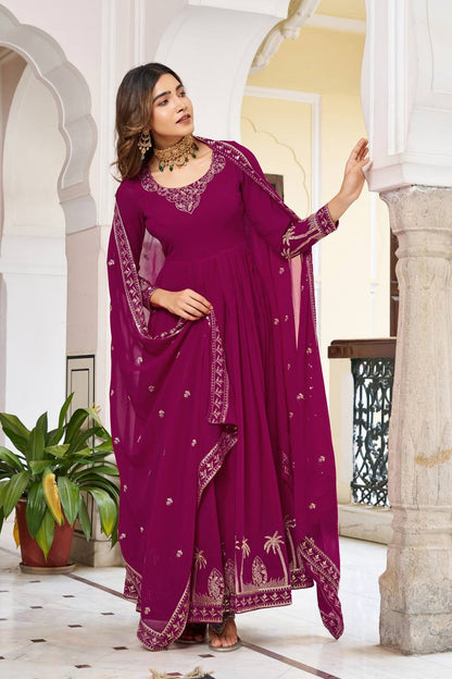 RangBhoomi Elegant SP Series Gown Set with Realistic Modeling - Faux Georgette & Microfiber Fabric, Thread and Sequence Embroidery
