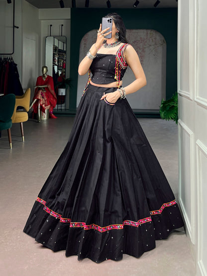 RangBhoomi Black Cotton Mirror-Work Lehenga for Navratri — 5m Flair with Multicolor Tassels