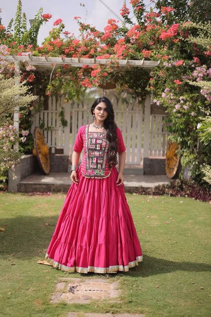 RangBhoomi Navratri 2026 Kora Cotton Full-Stitched Lehenga & Blouse Set — L (40", Adjustable 38–44)