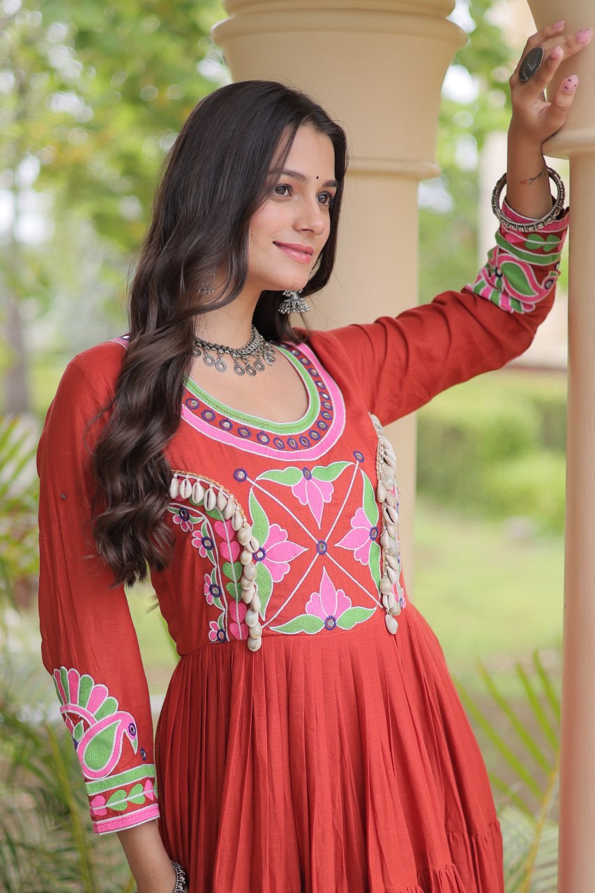 RangBhoomi Navratri Embroidered Kora Cotton Gown - Full Sleeve 54" Length (Rust, Purple)