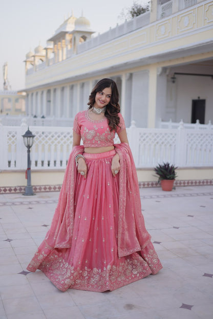 Elegant Lehenga Choli Set with Heavy Sequins and Zari Thread Embroidery in Fendi Silk