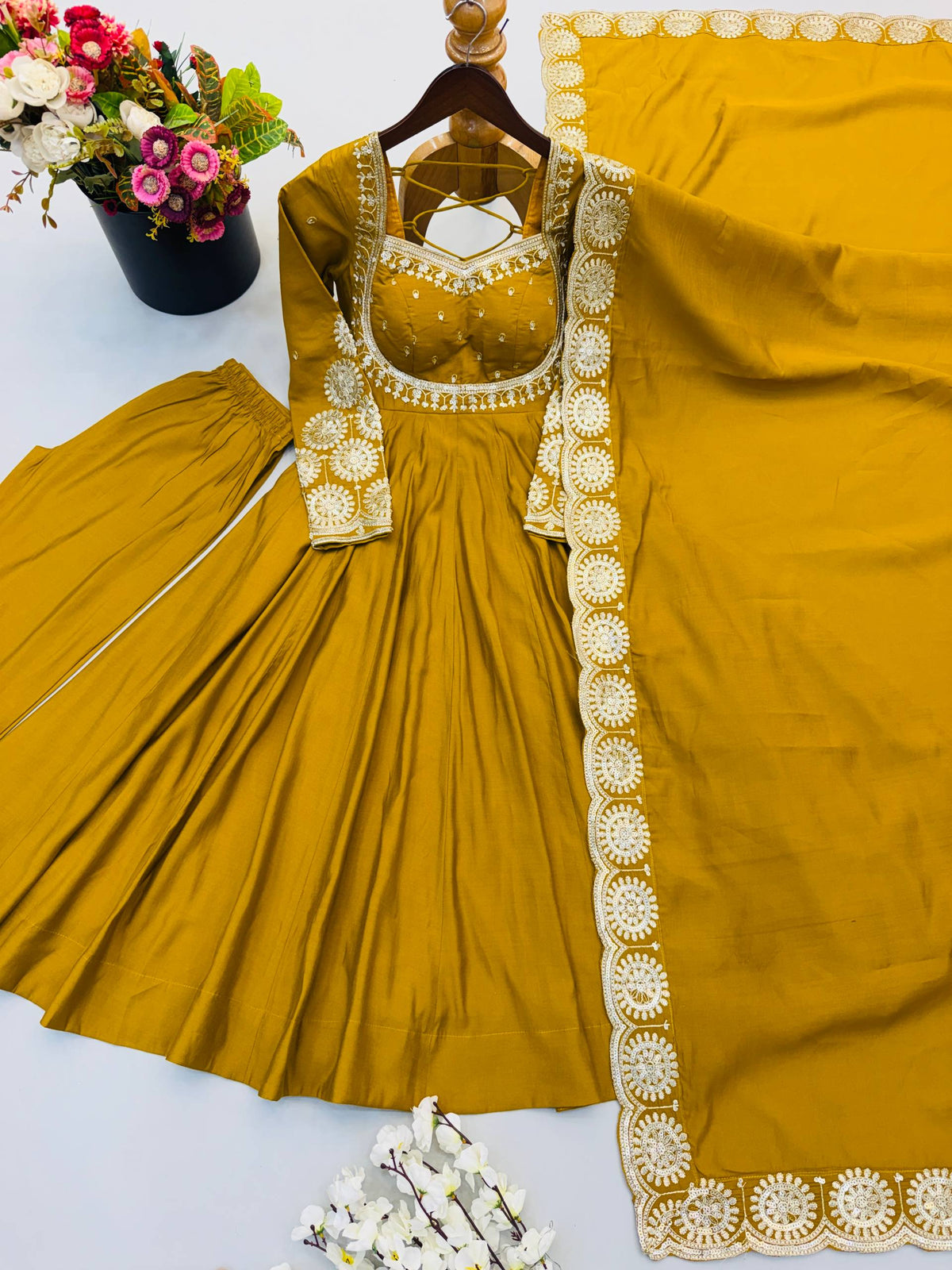 RangBhoomi Designer Anarkali Gown Set with Chanderi Dupatta - Roman Silk, Embroidered Sequins