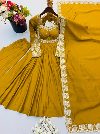 RangBhoomi Designer Anarkali Gown Set with Chanderi Dupatta - Roman Silk, Embroidered Sequins