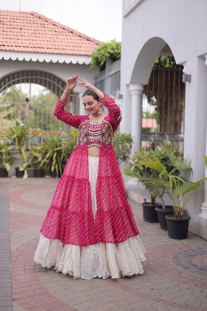 RangBhoomi Kora Cotton Lehenga & Faux Georgette Kurti Set - Full-Stitched, Frilled Lehenga, Laheriya Print Kurti