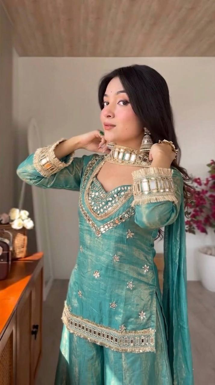 RangBhoomi Women's Fully Stitched Ethnic Wear Set with Fendy Silk and Real Mirror Work