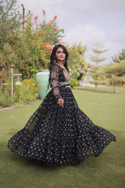 RangBhoomi Bandhani & Kutchi Patchwork Faux Georgette Gown — Full Sleeve, 12m Flair, Cotton Lining
