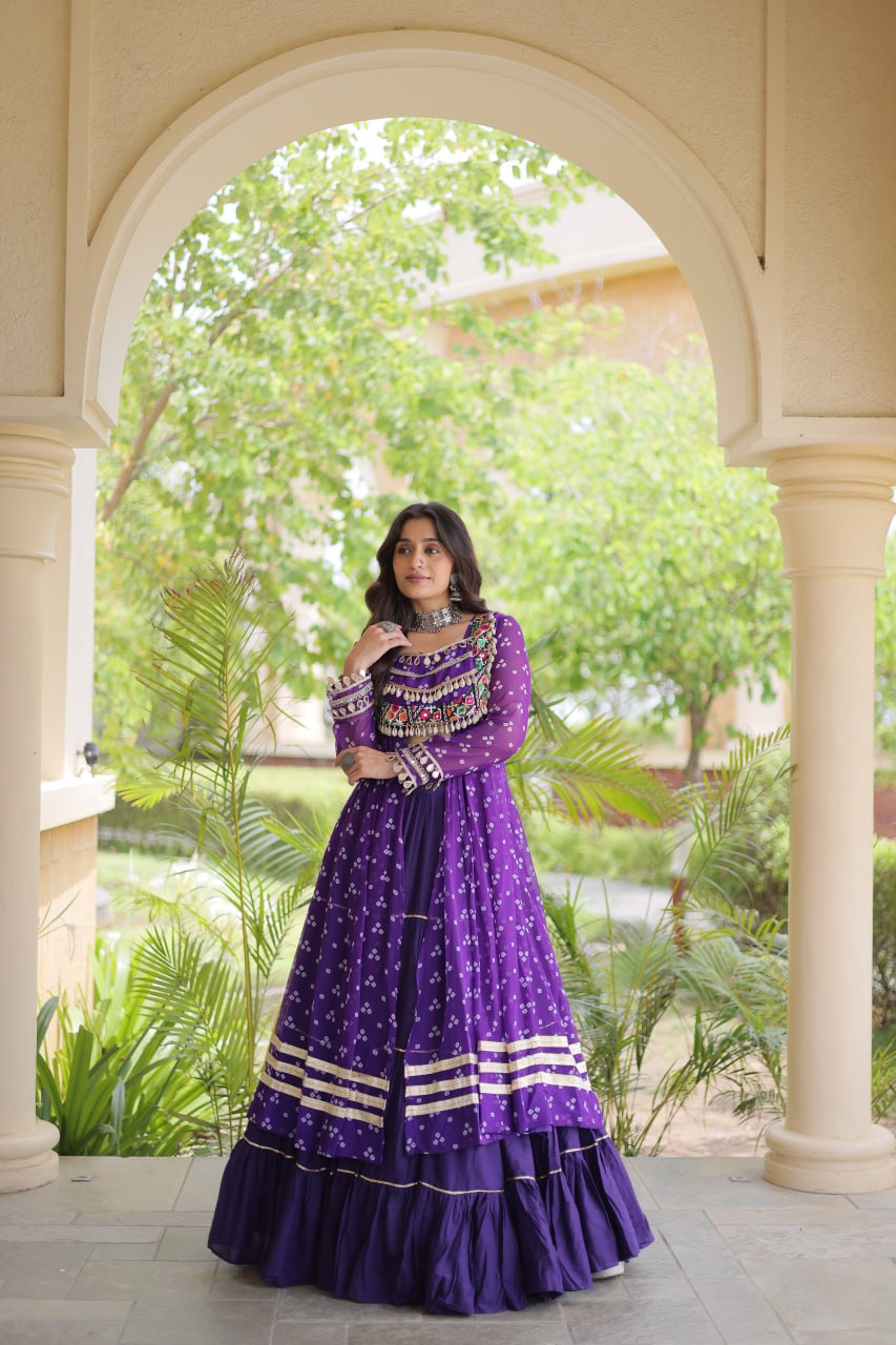 RangBhoomi Navratri 2026 Lehenga & Kurti Set – Kora Cotton Lehenga with Bandhni Faux Georgette Kurti (L, 40" Stitched)