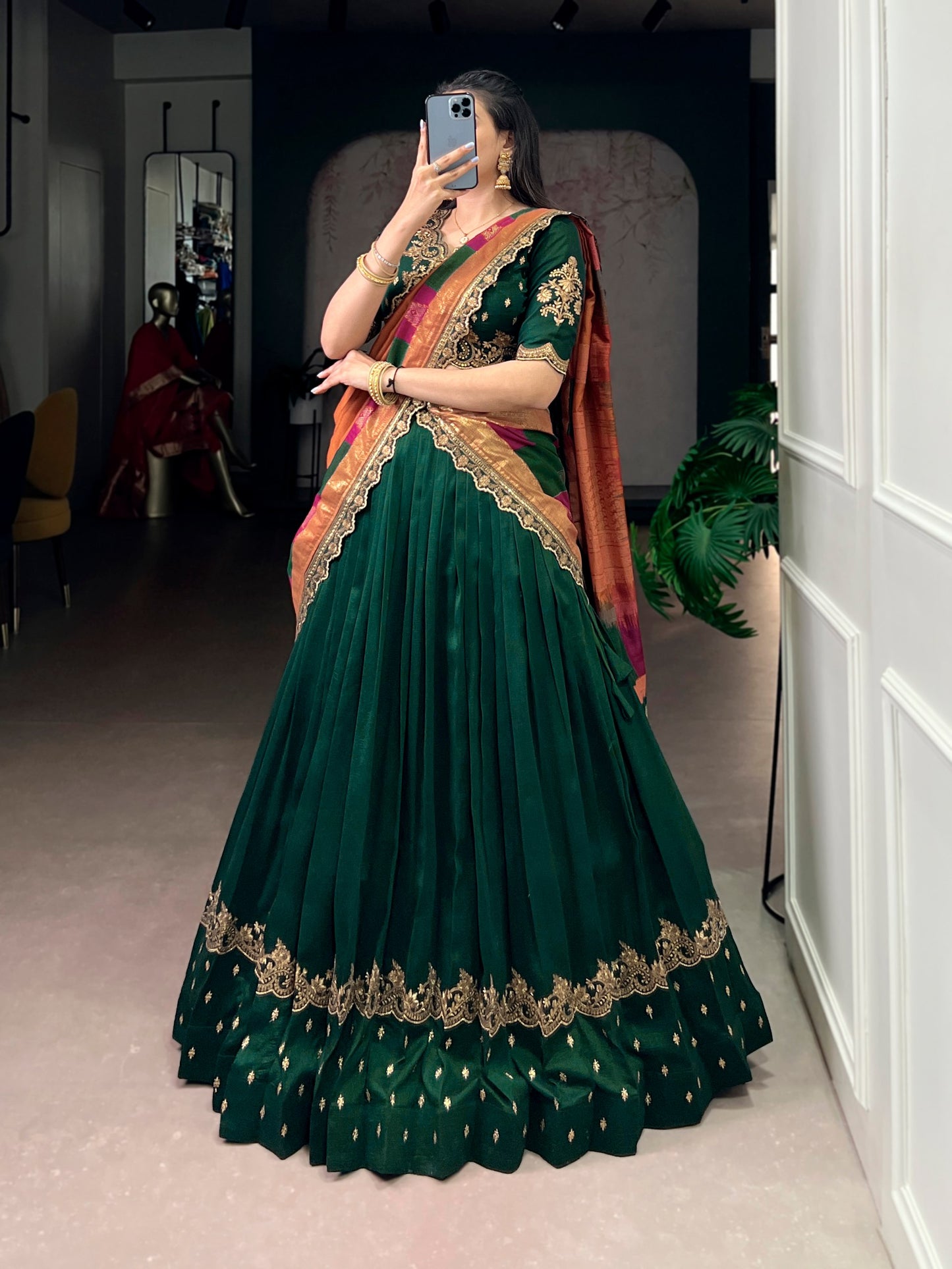 Elegant Vichitra Silk Lehenga Choli for Weddings and Festivals – Thread Embroidery & Sequins Detailing, Stitched Skirt and Unstitched Blouse, Includes Foil-Printed Dupatta with Lace Border