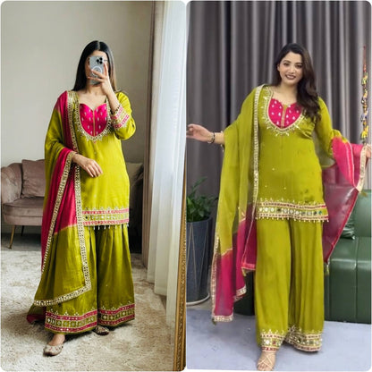 RangBhoomi Roman Glass Mirror-Work Ethnic Set — Fully Stitched Kurta, Palazzo & Kota Dupatta