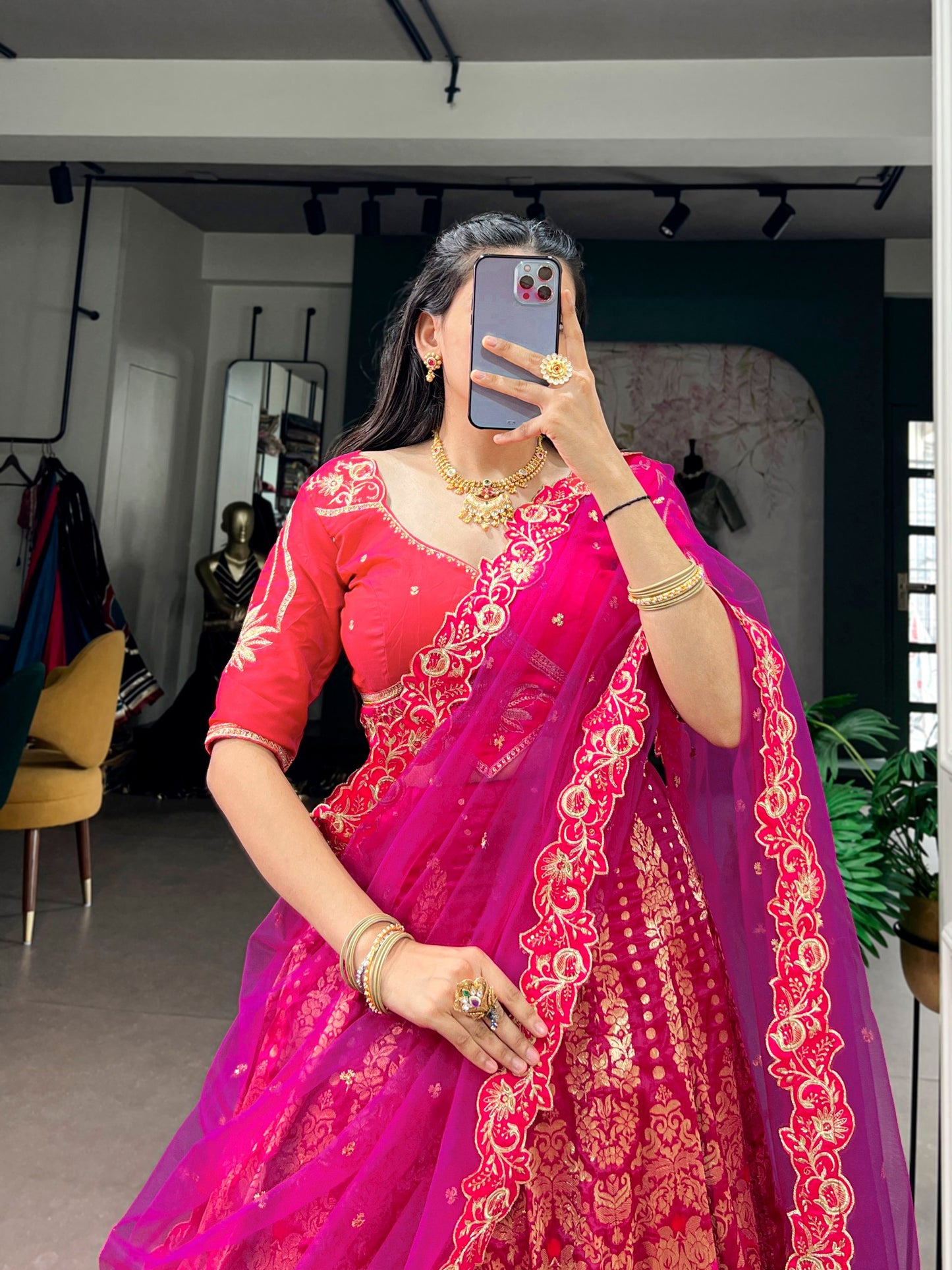 RangBhoomi Jacquard Silk Lehenga — Festive Embroidered Set with Net Dupatta
