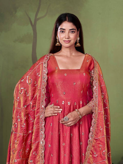 RangBhoomi Designer Party Wear Gown Set — 10 Colors, Heavy Jelly Shimmer Silk, Fully Stitched Embroidered Gown with Dupatta & Micro-Cotton Pant