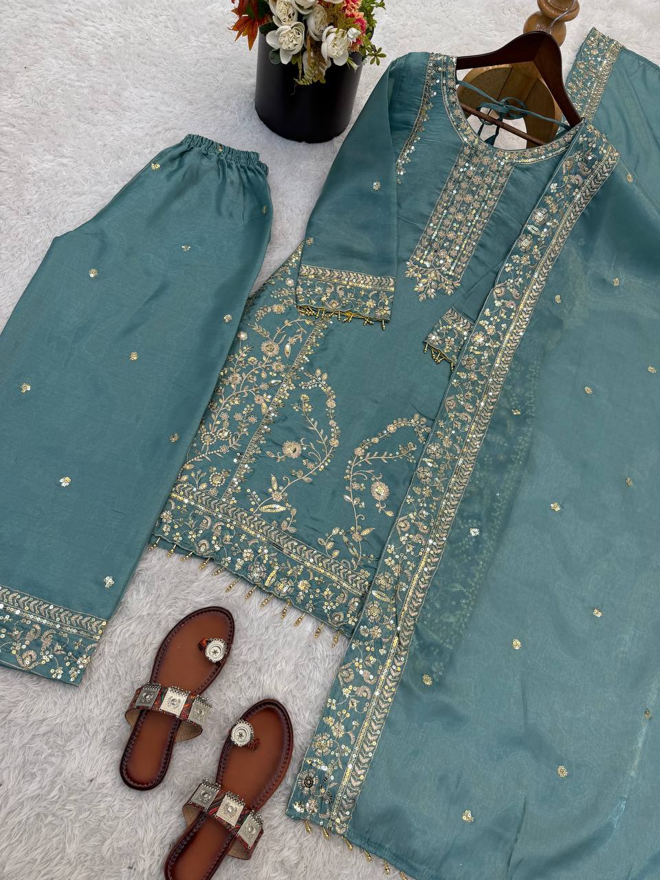 Elegant Designer Ready-to-Wear GMY Silk Three-Piece Set with Heavy Embroidery, Sequins, and Lace Border – Fully Stitched Top, Palazzo, and Dupatta