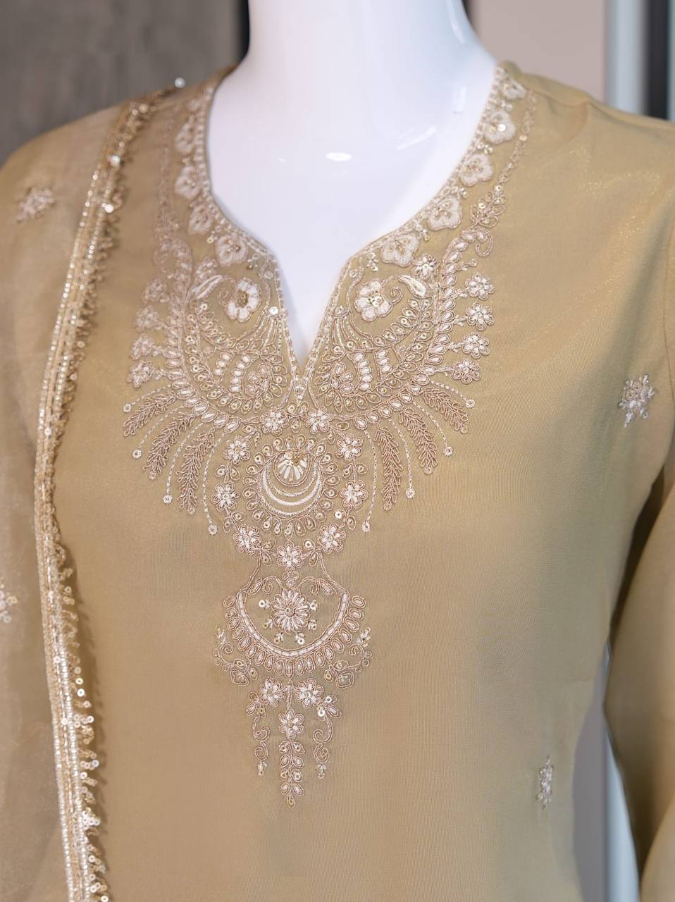 Designer Fusion Style Luxury Edition Women's Ethnic Set with Sequined Cosmos Fabric and Organza Lace Dupatta