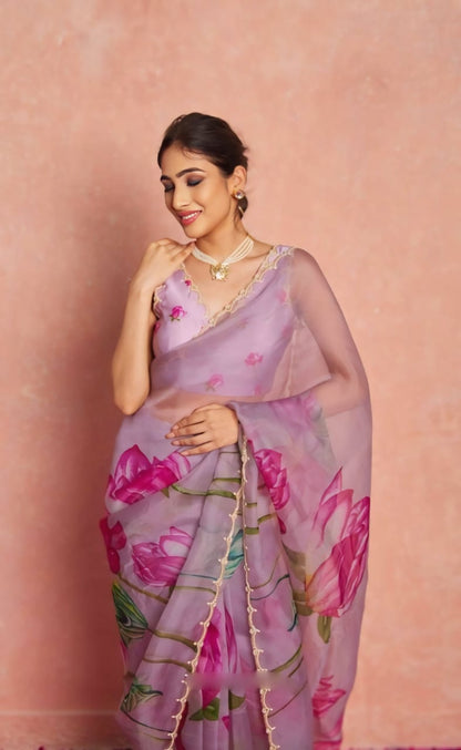 Ready to Wear Organza Saree - Floral Print, Lightweight