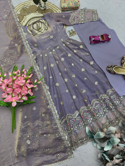 RangBhoomi Designer Party Wear Two-Tone Fandy Silk Embroidered Gown with Dupatta & Plazo