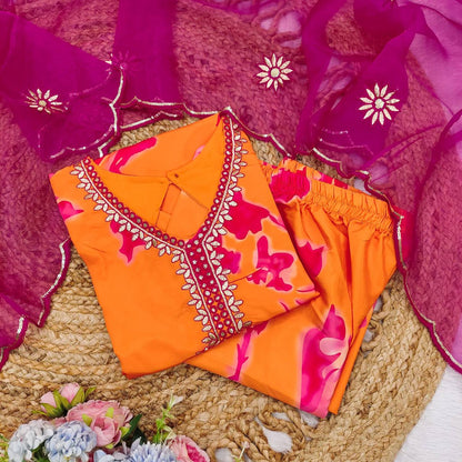 Elegant printed top with palazzo pants and dupatta set