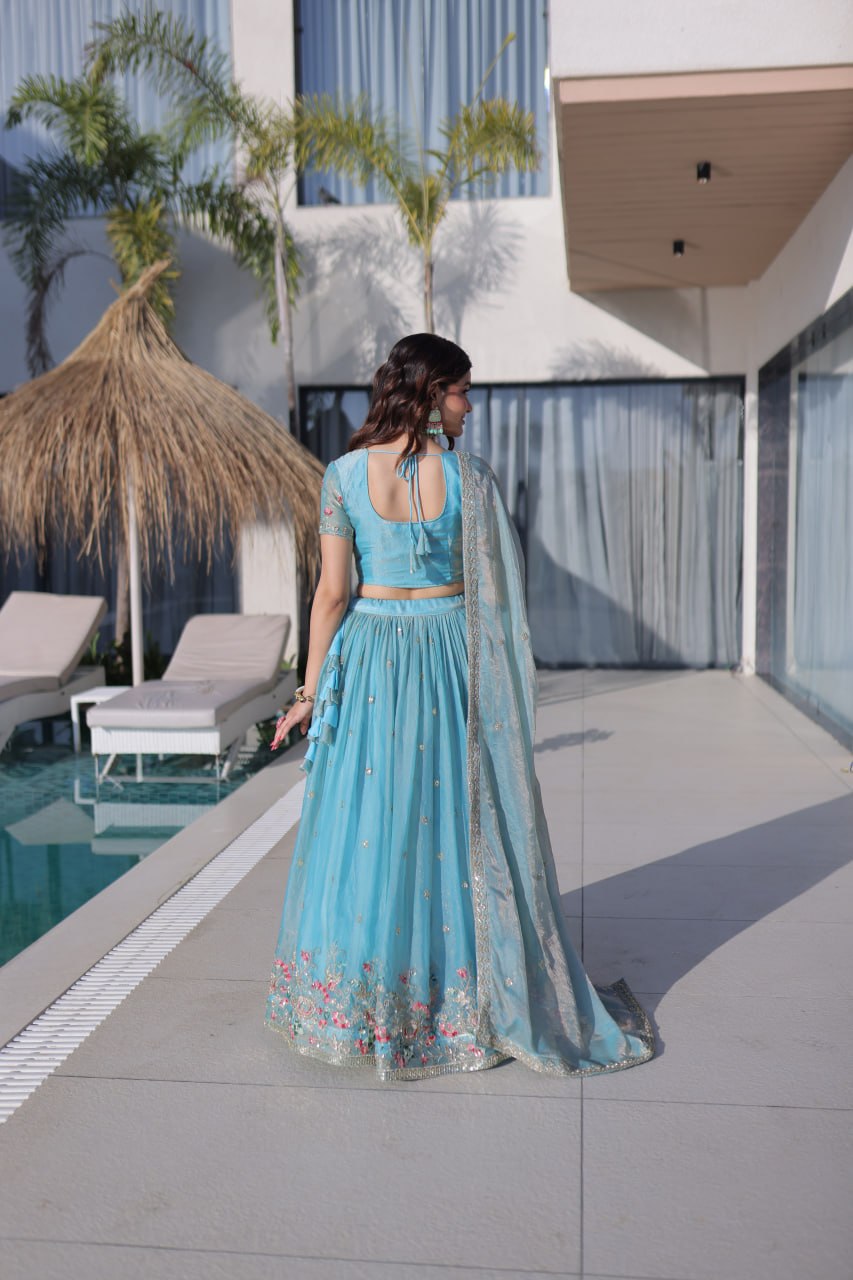 Elegant Lehenga Choli and Dupatta Ensemble in Fendi Silk with Multi-Thread Embroidery