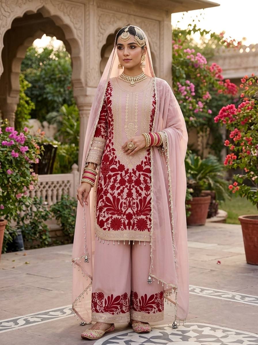RangBhoomi Designer Party Top, Palazzo & Dupatta Set with Heavy Embroidery
