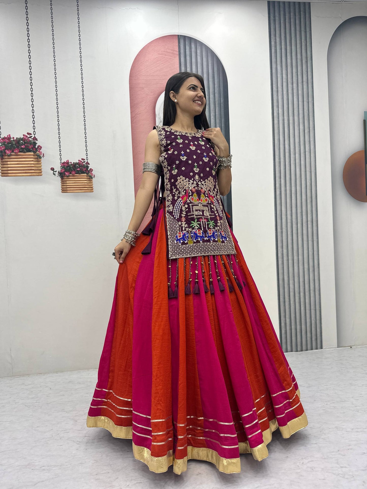 RangBhoomi Elegant Navratri Special Vichitra Silk Lengha Choli with Heavy Thread and Sequence Work Shrug