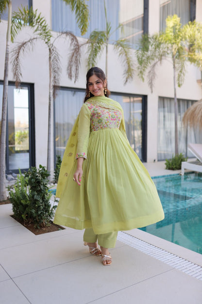 Elegant Premium Ready-to-Wear Gown Set with Pants and Dupatta - Beaded Mal Chanderi Embroidery
