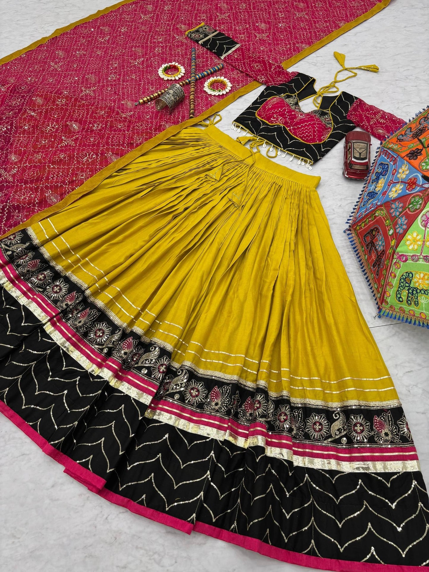 RangBhoomi Navratri Special Pure Cotton Embroidered Lehenga Choli with 6m Flair and Heavy Dupatta
