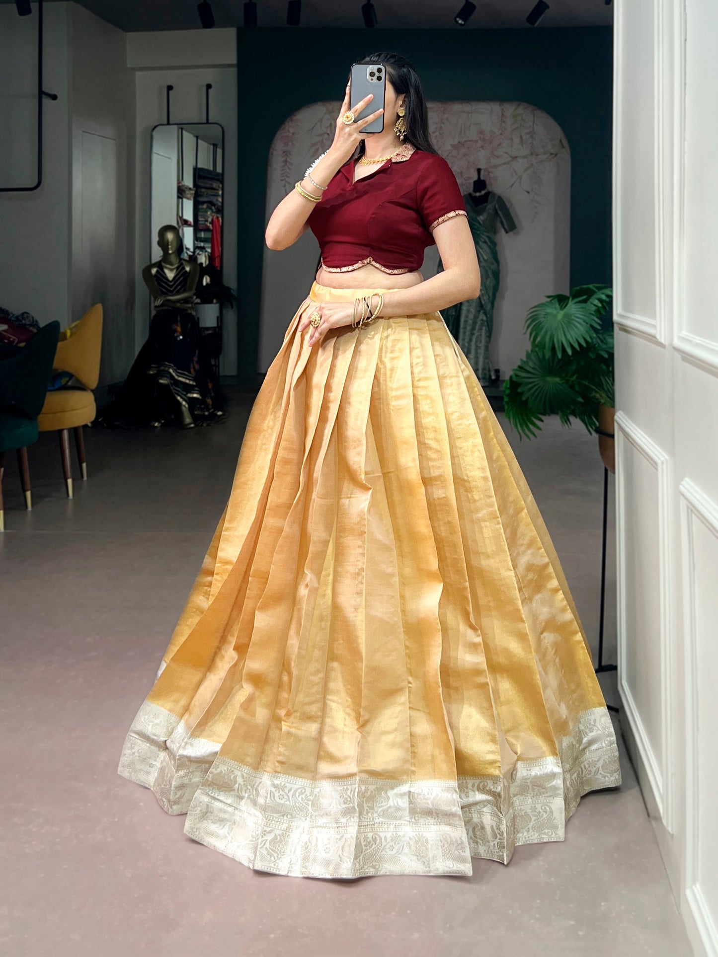 RangBhoomi Onam Pavada Set — Kanchipuram Lehenga with Satin Silk Blouse