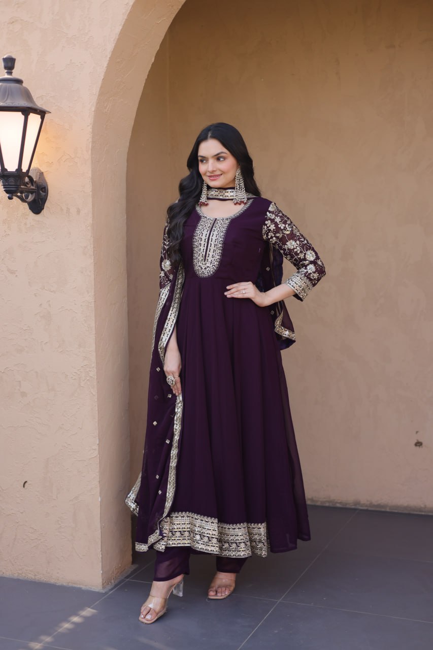 RangBhoomi Premium Readymade Gown Set with Pant & Dupatta - Faux Blooming Embroidered