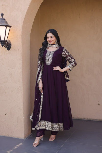 RangBhoomi Premium Readymade Gown Set with Pant & Dupatta - Faux Blooming Embroidered