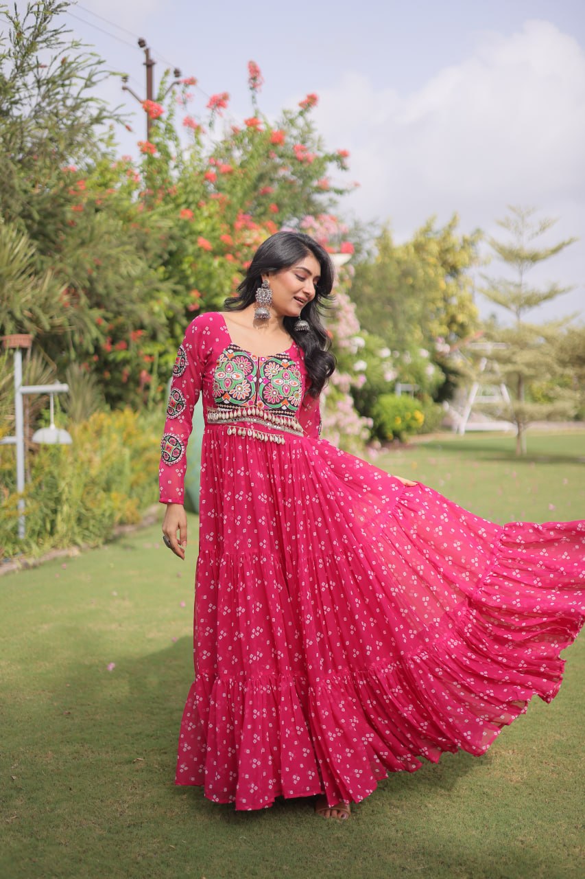 RangBhoomi Bandhani & Kutchi Patchwork Faux Georgette Gown — Full Sleeve, 12m Flair, Cotton Lining