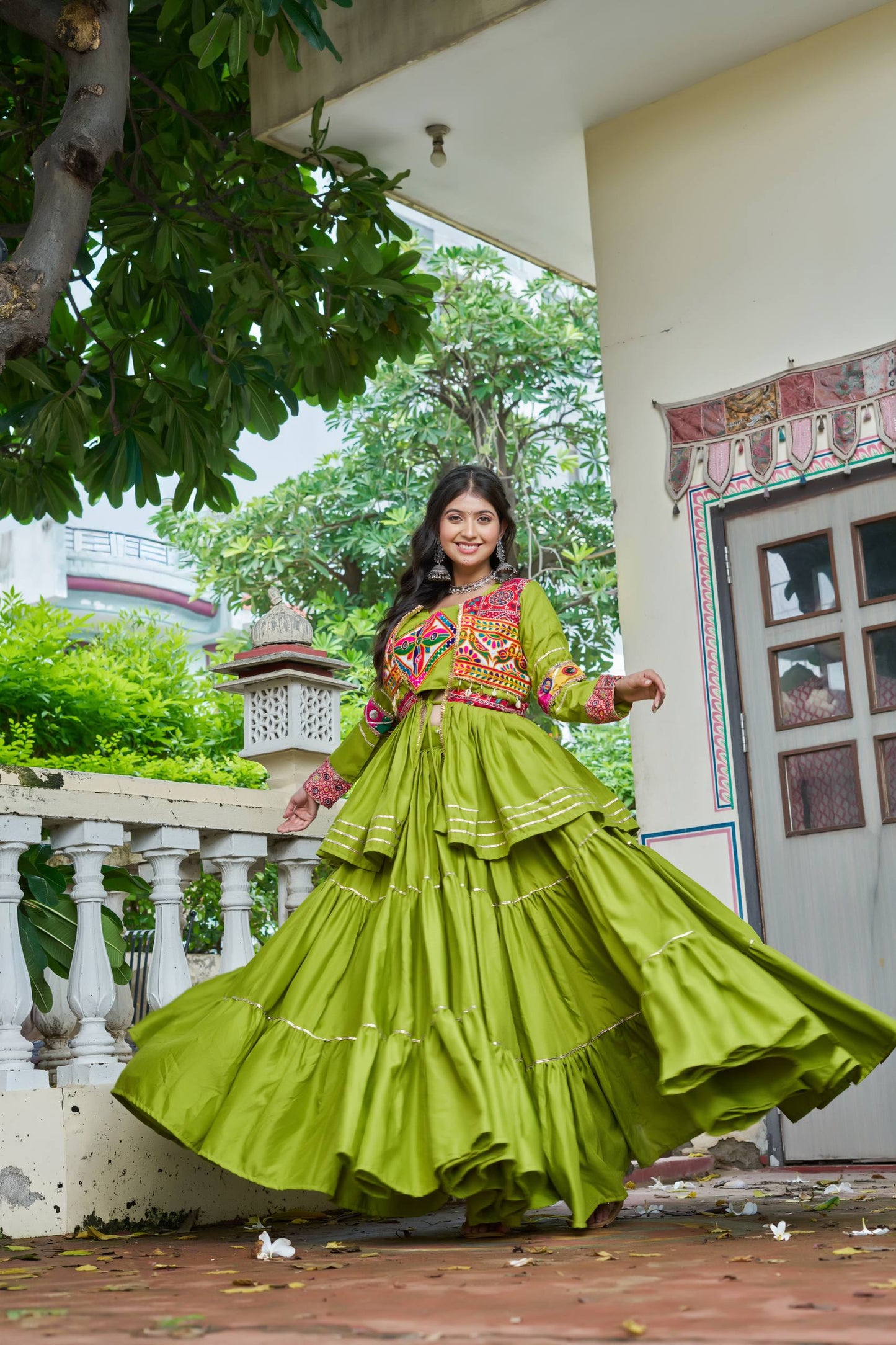 Navratri Special Gamthi Embroidery Lehenga Choli with Mirror and Ribbon Lace – Pure Cotton, Fully Stitched, 9 Meter Flair