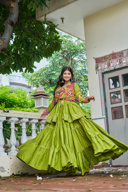 Navratri Special Gamthi Embroidery Lehenga Choli with Mirror and Ribbon Lace – Pure Cotton, Fully Stitched, 9 Meter Flair