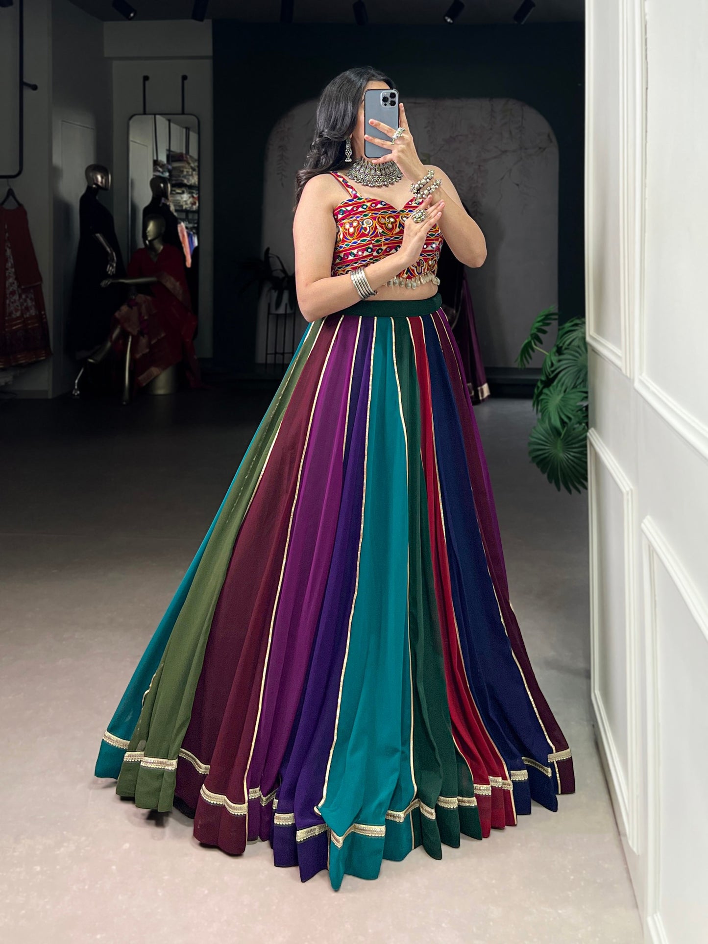 RangBhoomi Multicolor Garba Lehenga Set — Mirror-Embellished Blouse & Flared Georgette Skirt