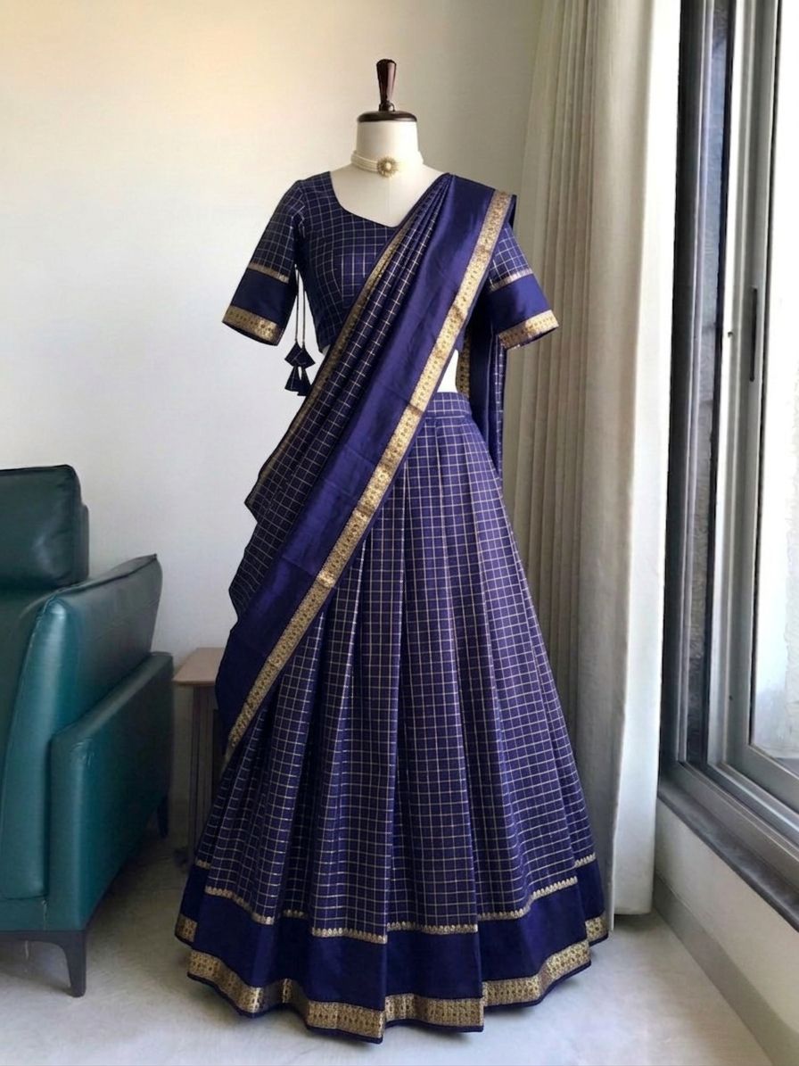 Elegant Pure Viscose Georgette Lehenga Choli Set with Zari Weaving and Hand-Dyed Chex Pattern