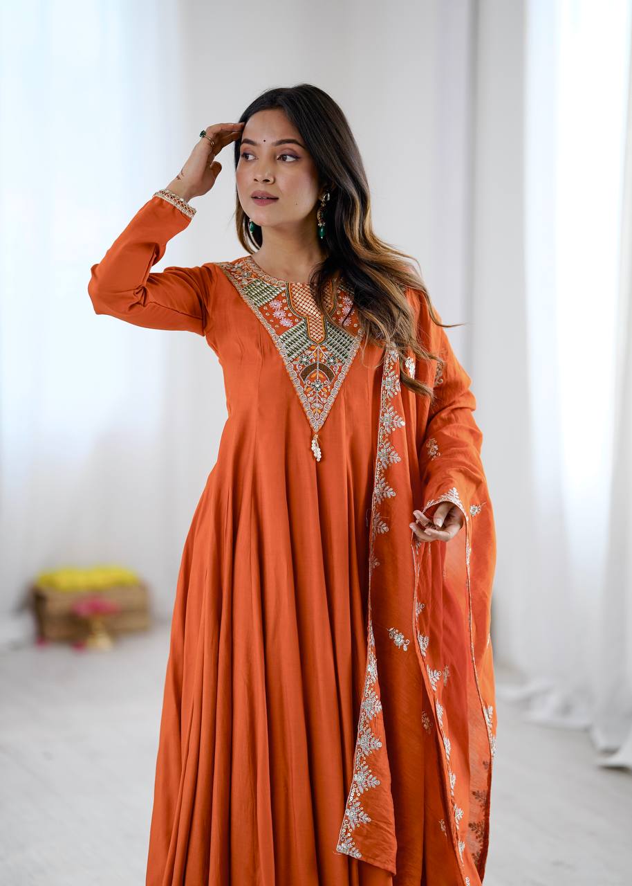 RangBhoomi Elegant Embroidered Sequence with Real Mirror Designer Anarkali Three Piece Set