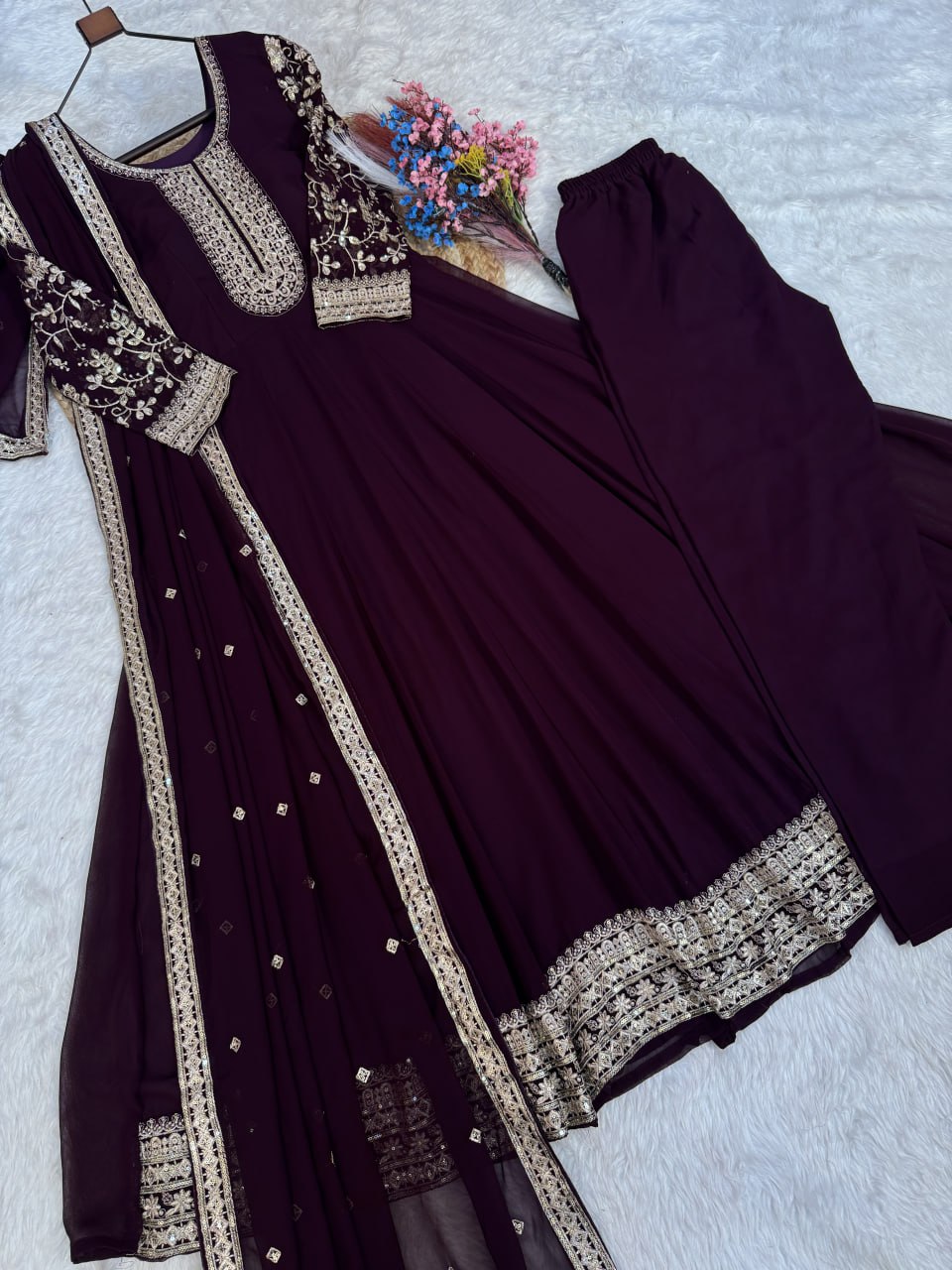 RangBhoomi Premium Readymade Gown Set with Pant & Dupatta - Faux Blooming Embroidered