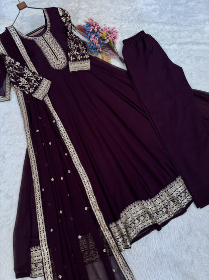 RangBhoomi Premium Readymade Gown Set with Pant & Dupatta - Faux Blooming Embroidered