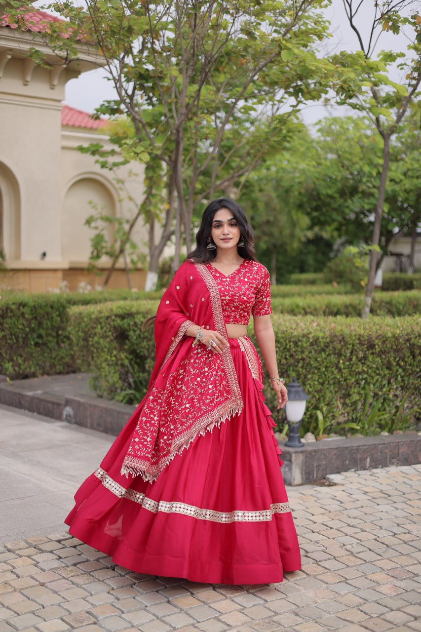 RangBhoomi Glory Satin Embroidered Lehenga Choli Set - Full-Stitched Lehenga with Designer Dupatta