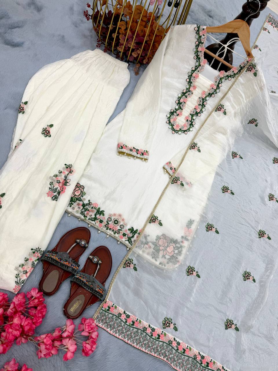 Exclusive Designer Party Wear Pure Fendi Silk Top with Farshi Palazzo and Elegant Dupatta Set