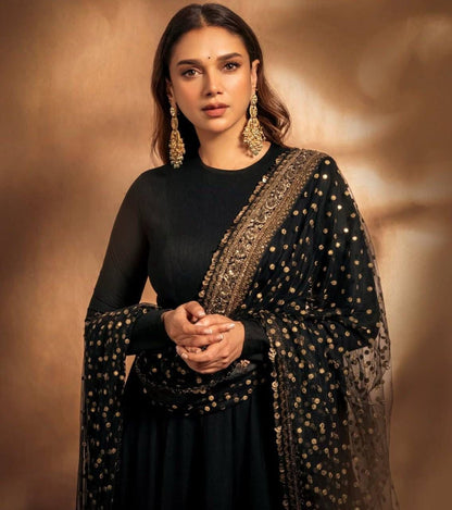Elegant Embroidered Fox Georgette Gown with Matching Dupatta – Fully Stitched, Sophisticated Design